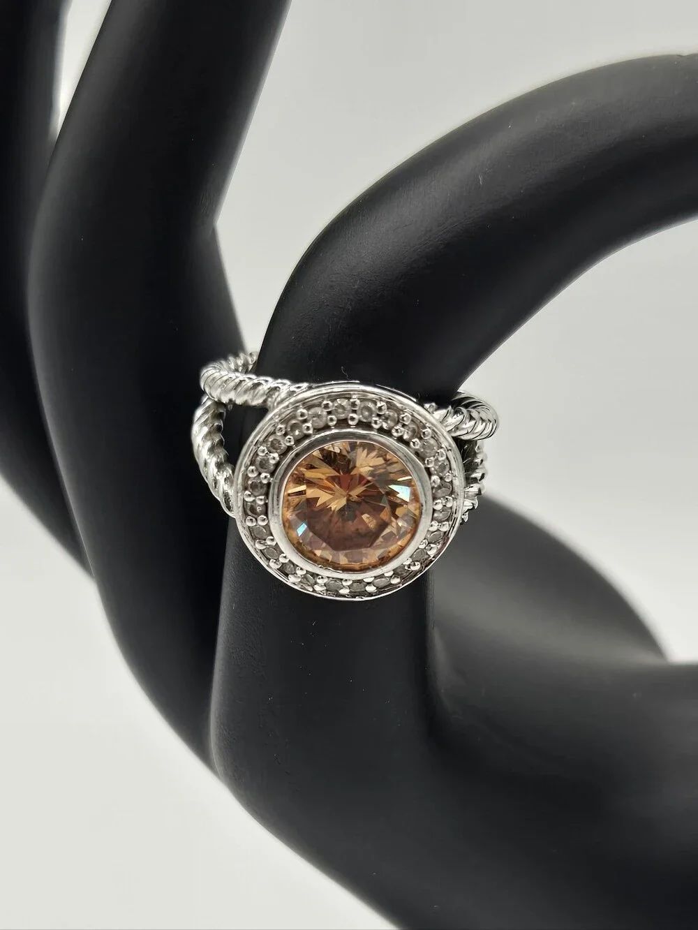 Sterling Silver Ring with Champagne Crystal Accented With Clear Crystals